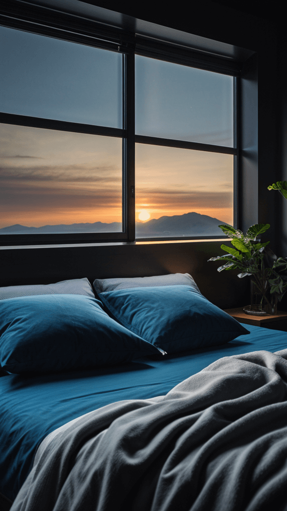 Blue bed with sunset in window