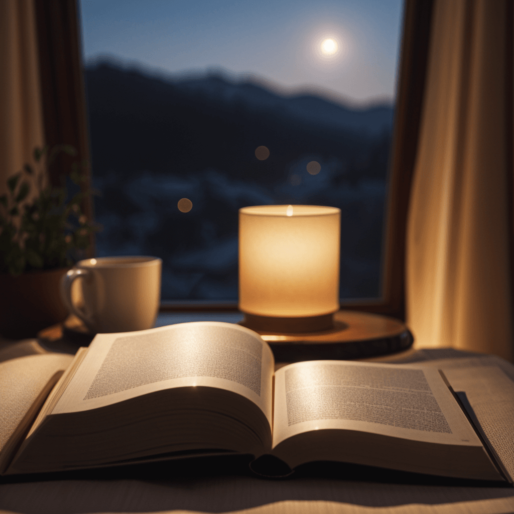 Book, cup, plant, and soft light in a bedroom at night