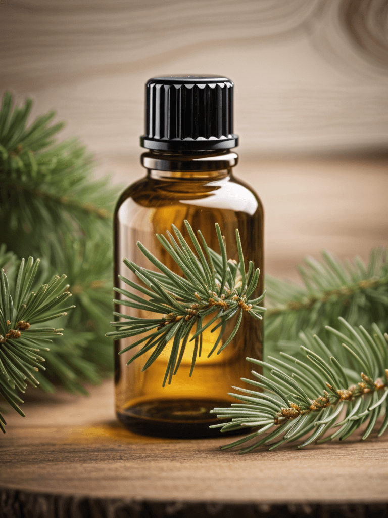 Bottle of essential oil with pine branches