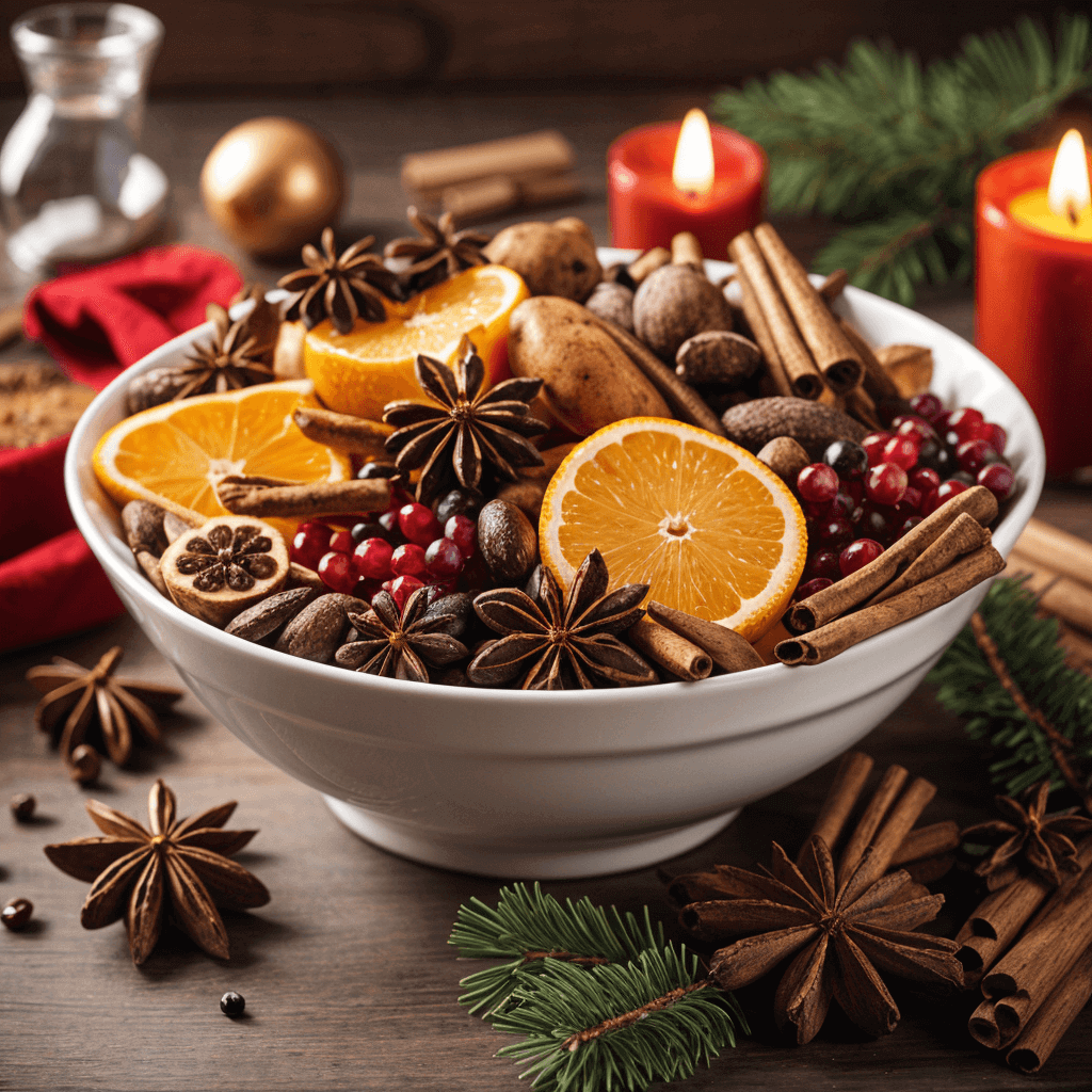 Bowl of potpourri with fruit and spices on a festive table