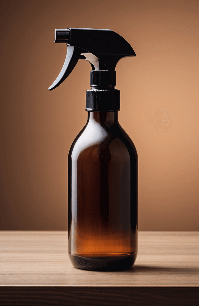 Brown glass bottle with a black sprayer on a wood table