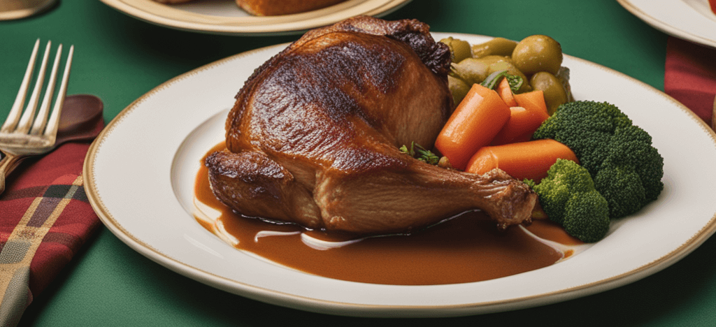 Christmas plate of food with turkey and vegetables on it