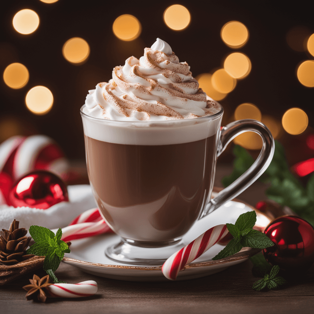 Cup of hot chocolate with whipped cream, candy canes and mint