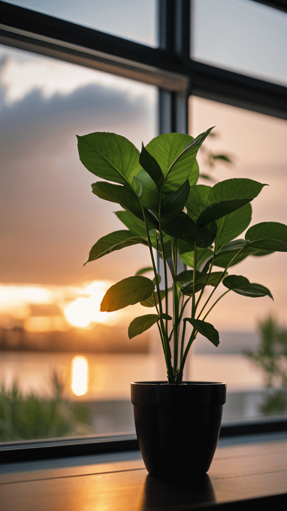 Plant on window at sunset