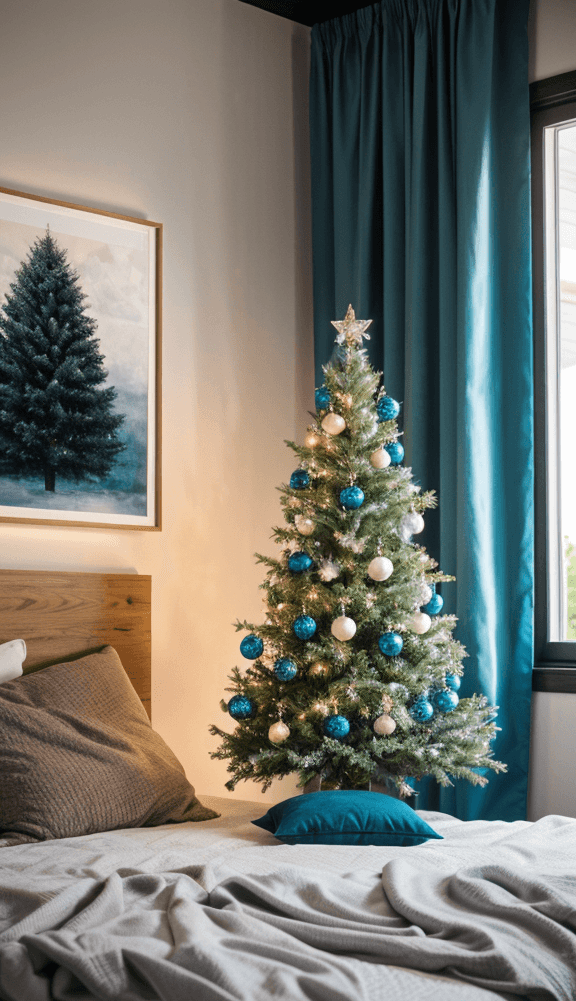 Small Christmas tree with blue ornaments in a bedroom for restful sleep