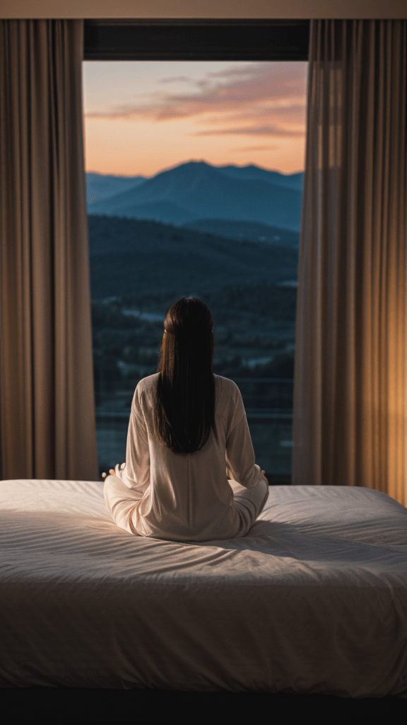 Woman on bed meditating with sunset