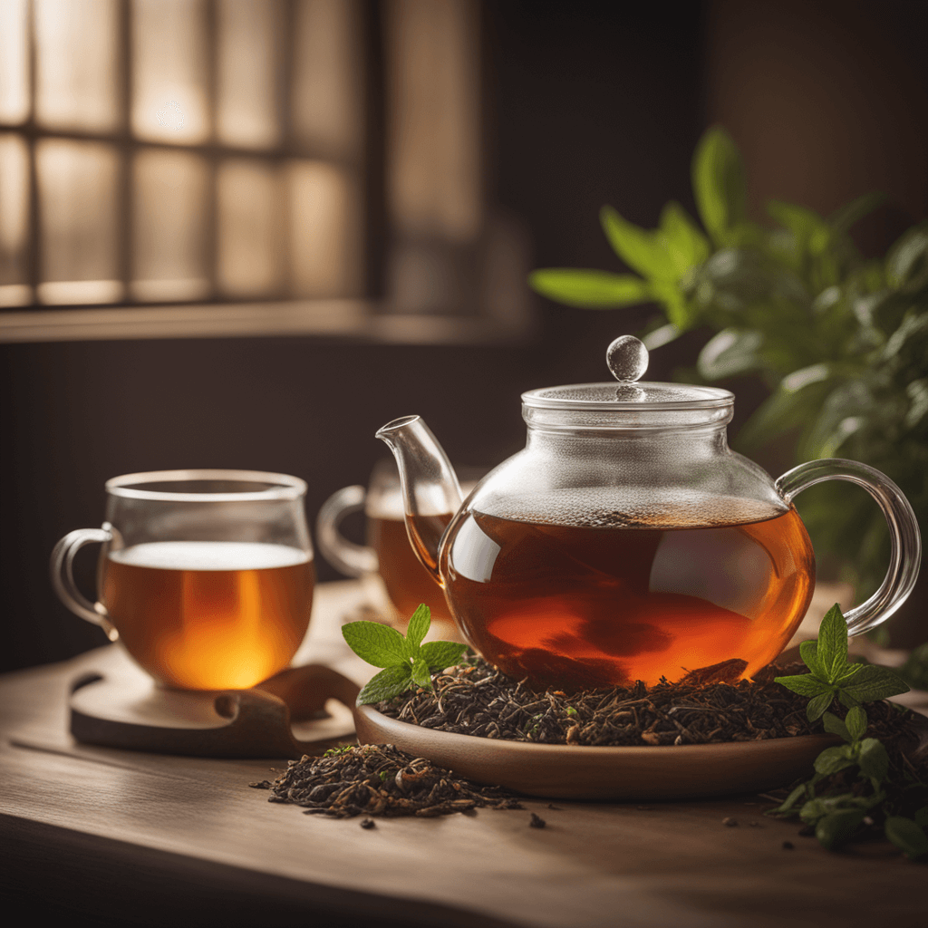 Herbal tea brewing in a glass teapot with a cup