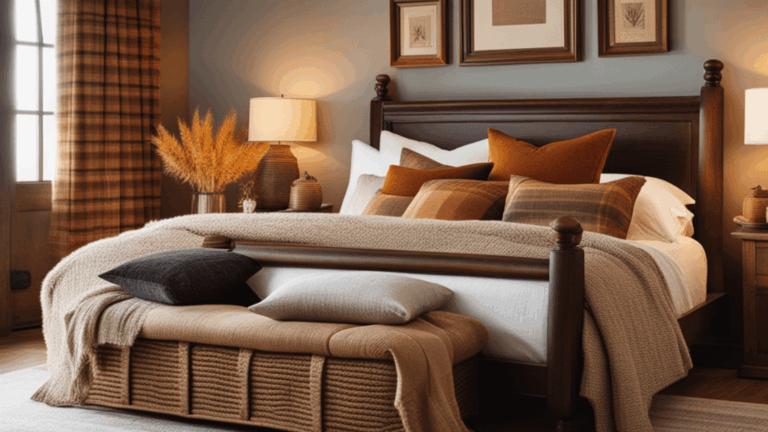 Autumn colored bed with knit blankets and plaid pillows to sleep better for Thanksgiving