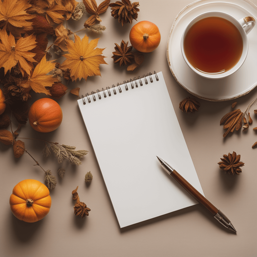 Notepad and pen with a cup of tea and autumn decorations
