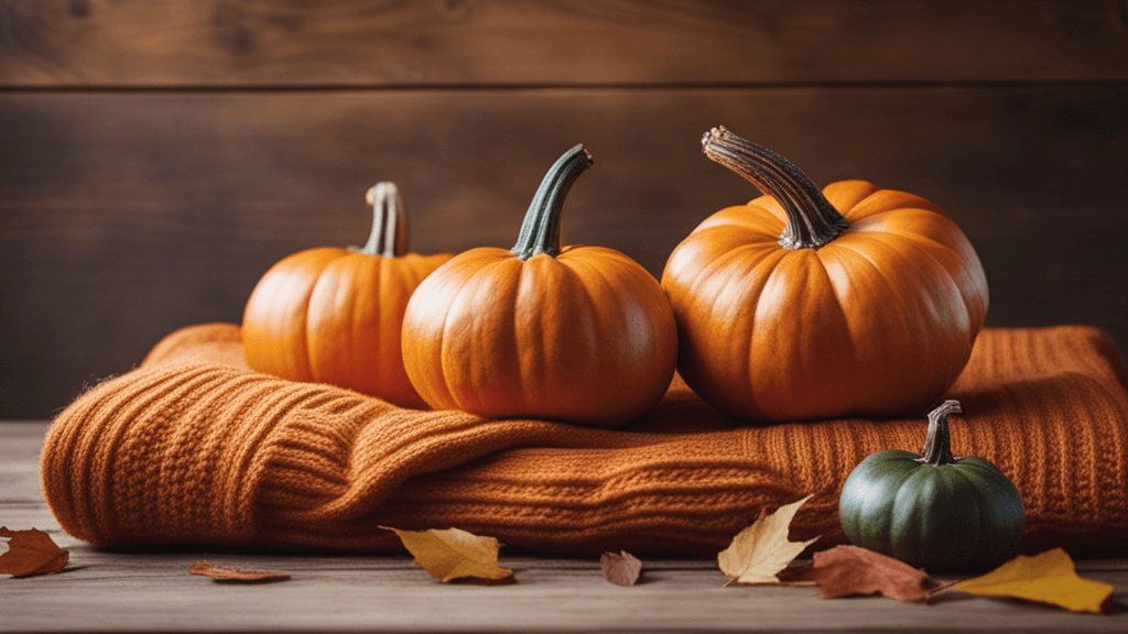 Pumpkins on a knit blanket with a rustic autumn background